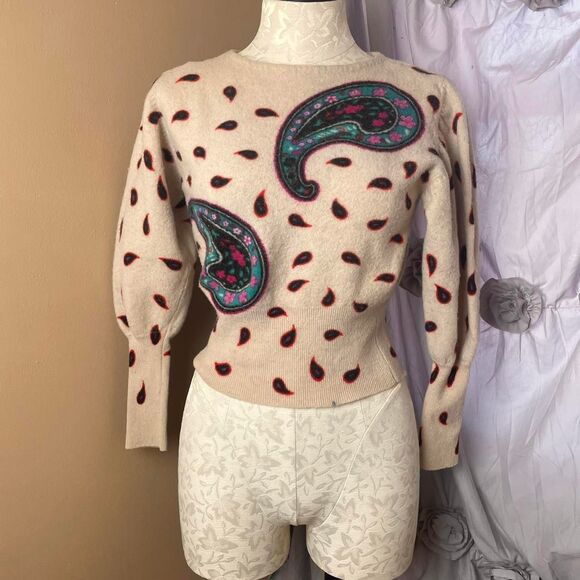 American Vintage Sweaters - bonnie boerer vintage blue paisley 100% wool cream colored sweater size xs